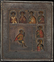 Икона «Святой Никита воин с избранными святыми» в серебряном окладе