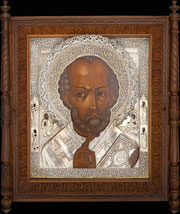Икона «Святой Николай Чудотворец и избранные святые» в серебряном окладе и киоте