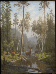 Карл Бёг (1827-1893) «Олени на берегу реки», 1893 г.