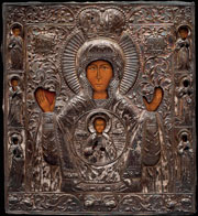 Икона «Богоматерь Знамение, со святыми на полях» в серебряном окладе