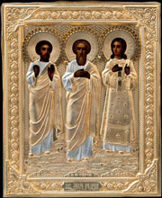 Икона «Святые мученики Симон, Гурий и Авив» в серебряном окладе